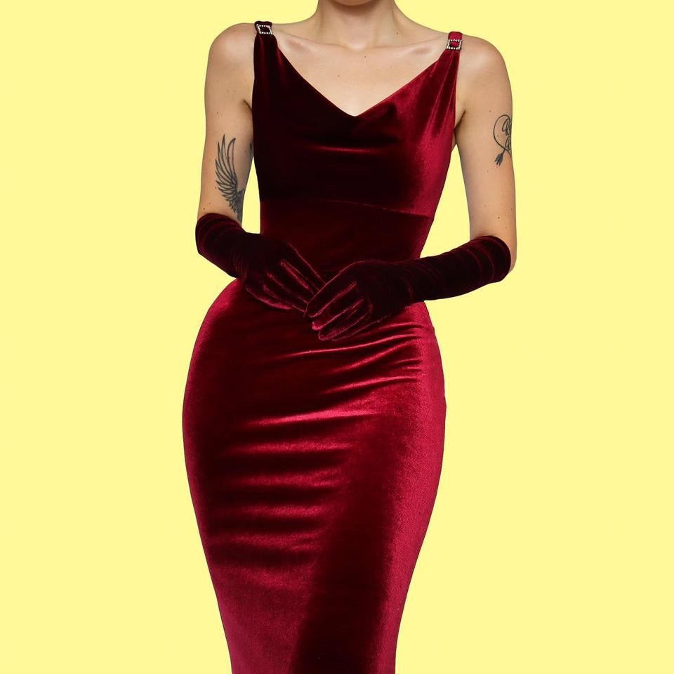 Dark red velvet stretch evening gown UK 14