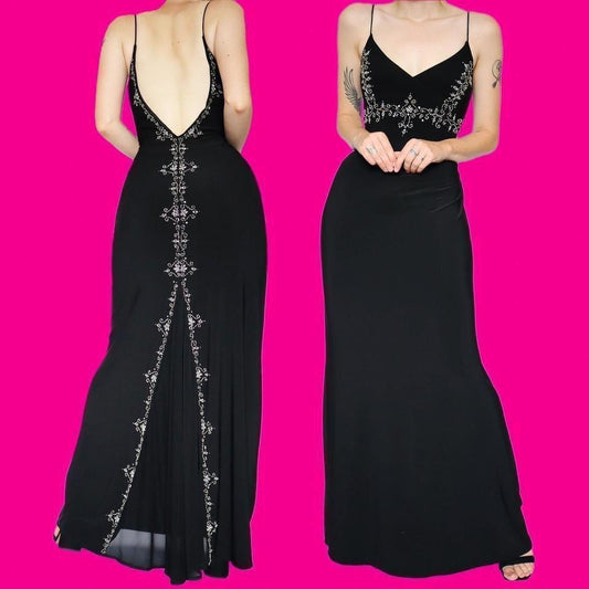 Black vintage 90s beaded stretch evening dress UK 10 & 12