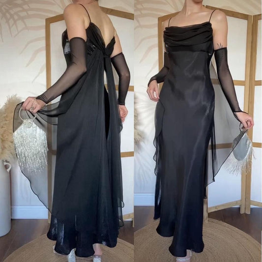 Silky black chiffon detail prom dress uk 14