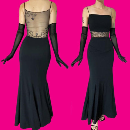 Black beaded 90s vintage sheer back evening dress UK 14