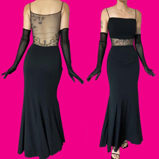 Black beaded 90s vintage sheer back evening dress UK 14