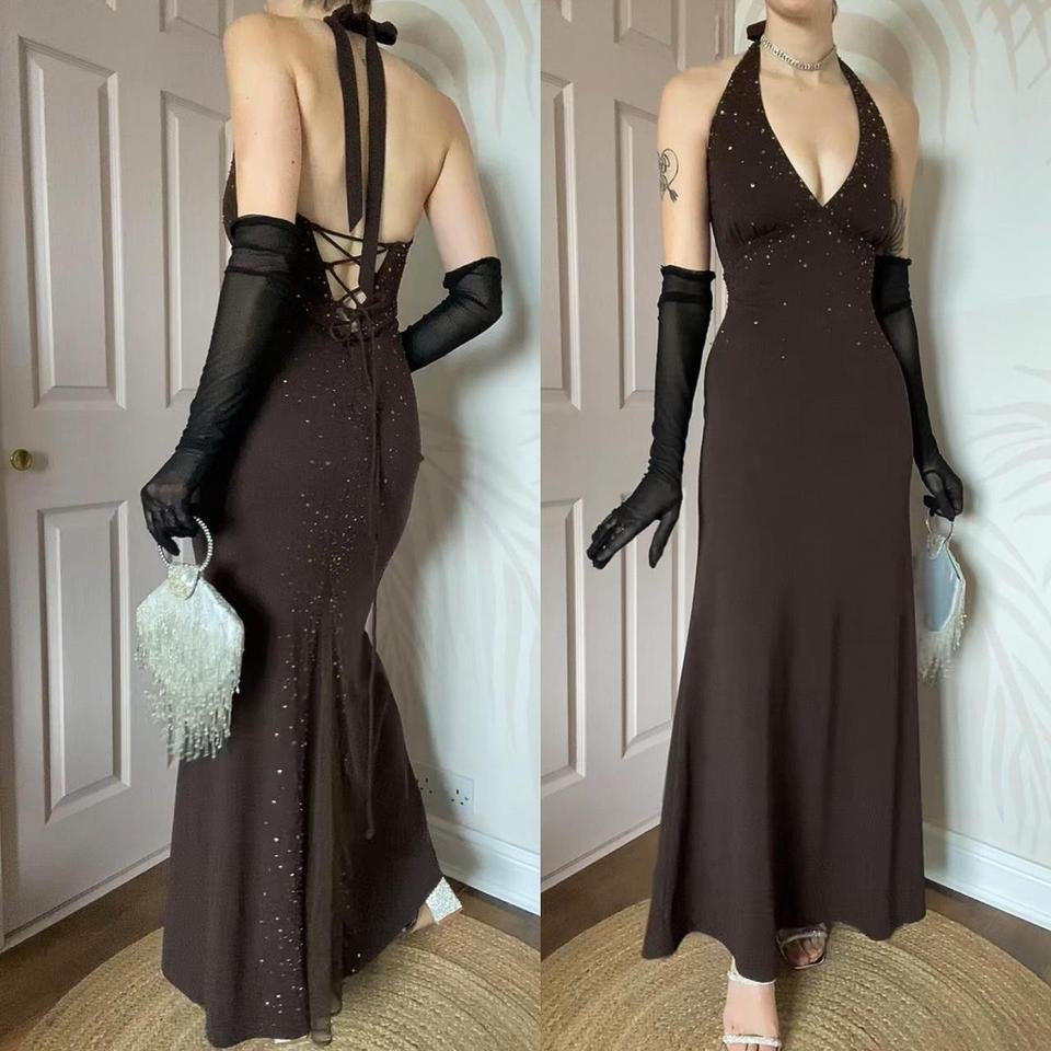 Brown Nightway halter-neck beaded dress UK 10