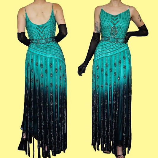 Green Aftershock heavily beaded evening dress UK 12