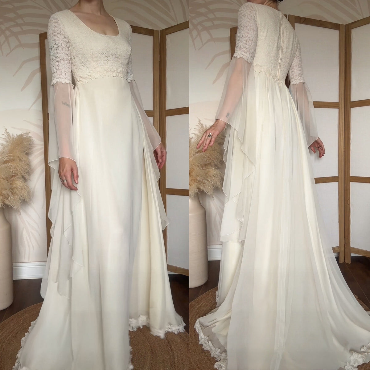 70s long sleeve floral lace wedding dress uk 8-10