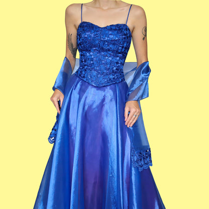 YVE London blue a-line prom dress & shawl UK 12-14