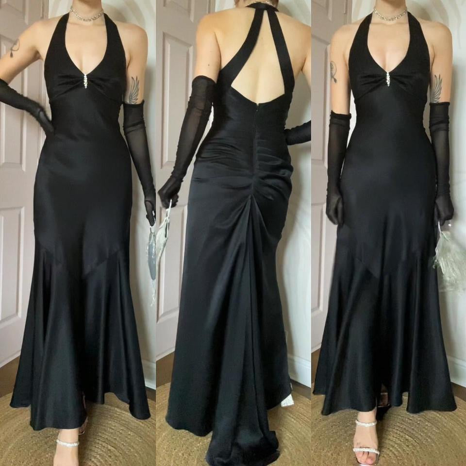 Flori silky black fishtail evening dress uk 8