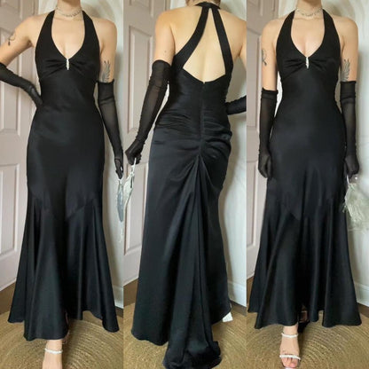 Flori silky black fishtail evening dress uk 8