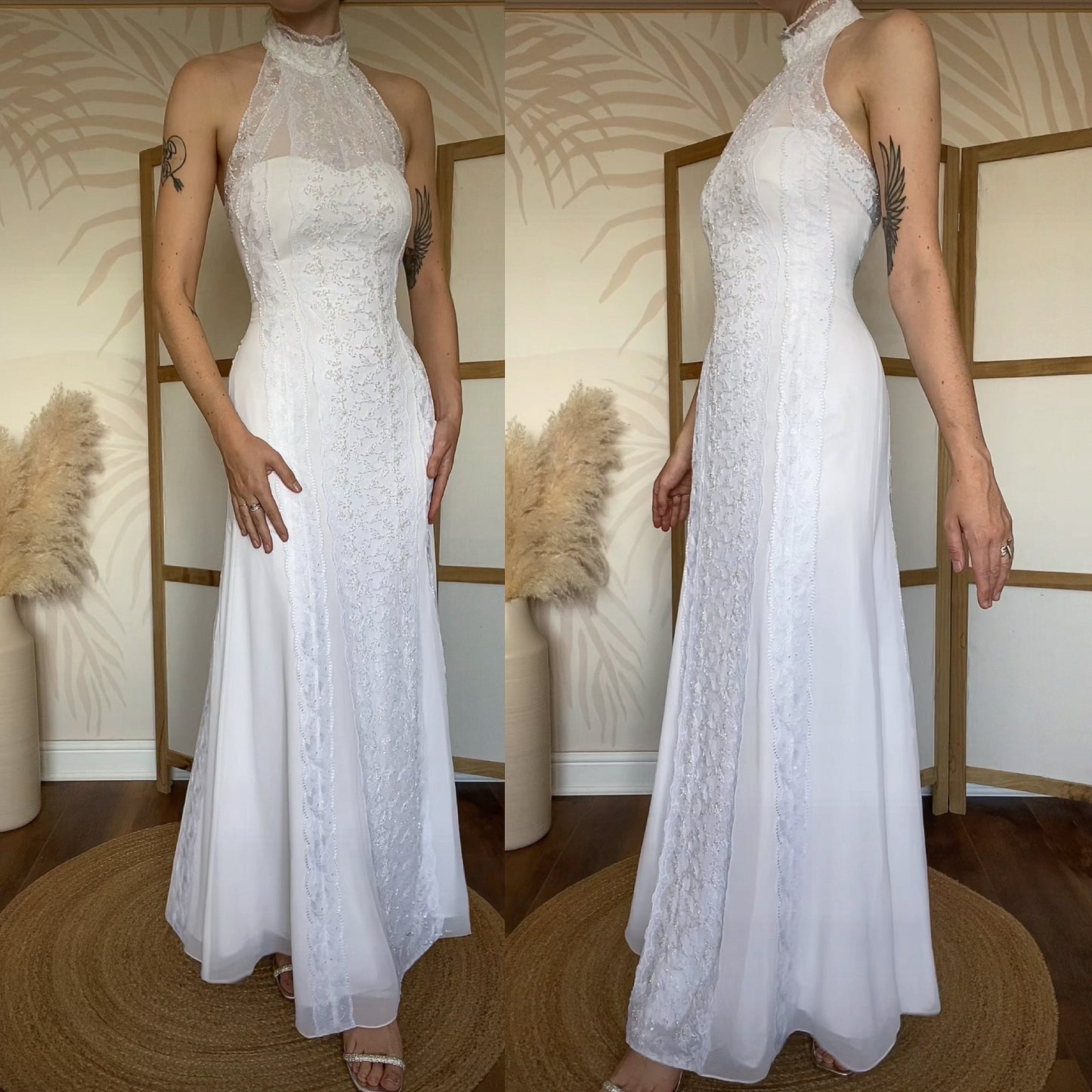 Frank Usher white lace high neck beaded wedding dress UK 12