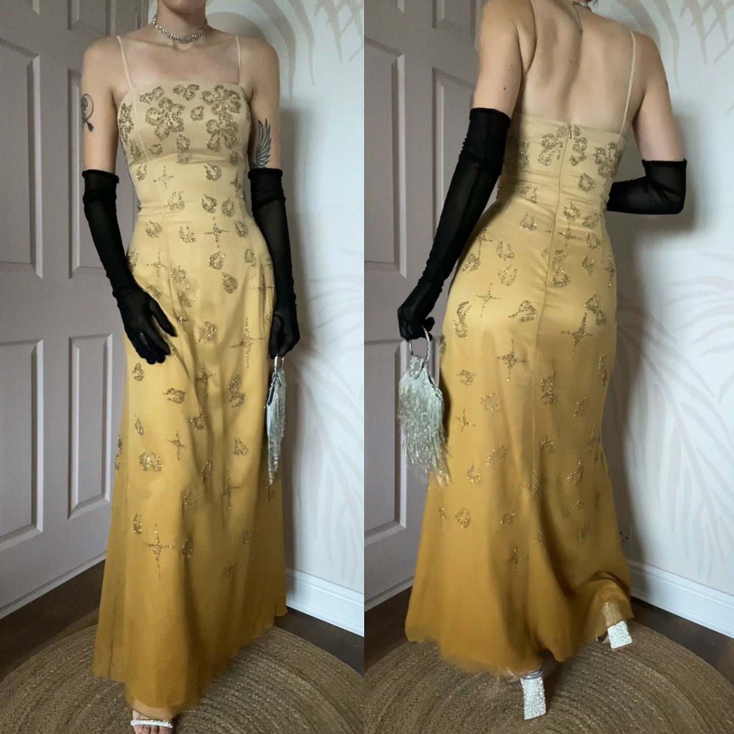 100% silk Goya tan/yellow beaded evening dress UK 14-16