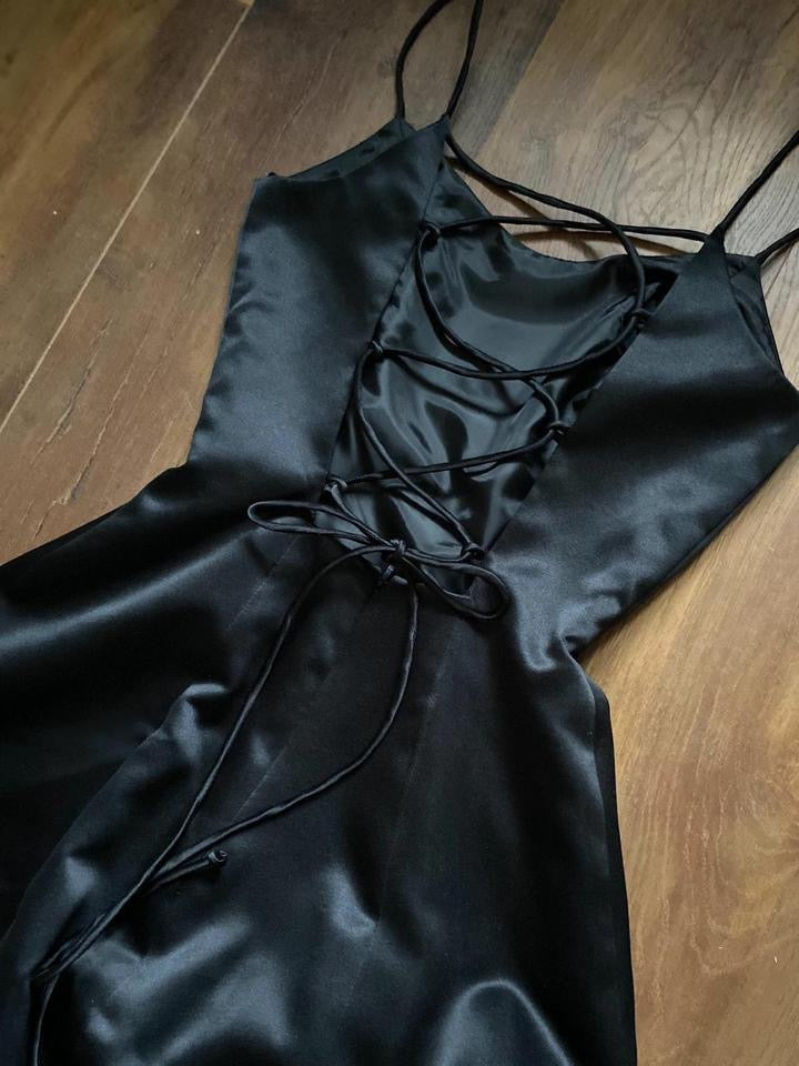 Black lace up back a-line prom dress uk 6