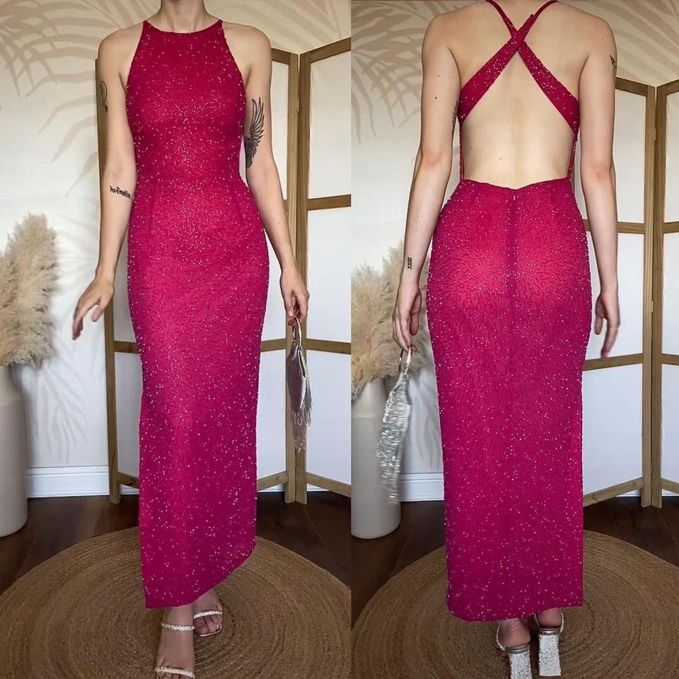 Fuchsia pink Marina beaded open back evening dress uk 10
