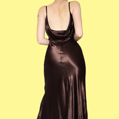 Silky brown low back evening dress UK 14