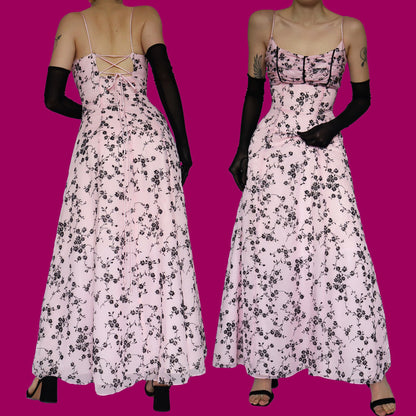 Baby pink a-line floral evening dress UK 10