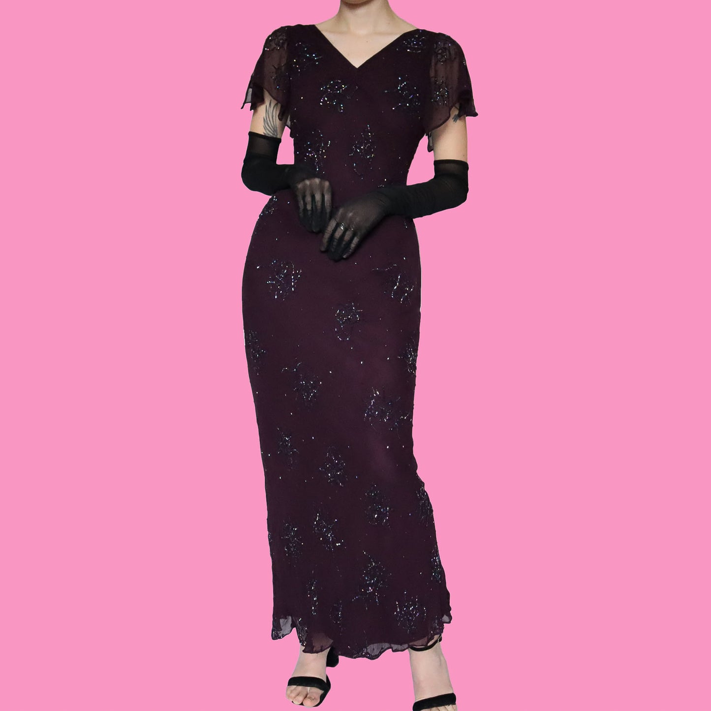 Purple beaded 100% silk evening gown UK 12