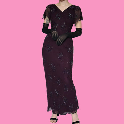 Purple beaded 100% silk evening gown UK 12