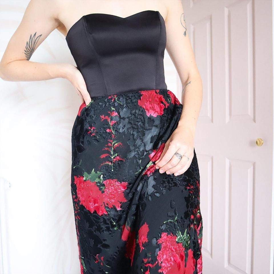 Black silk blend floral midi skirt UK 10