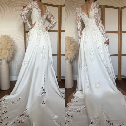 Long sleeve ivory lace wedding dress with detachable train uk 8-10