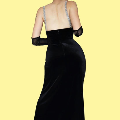 Black velvet 90s evening dress UK 16