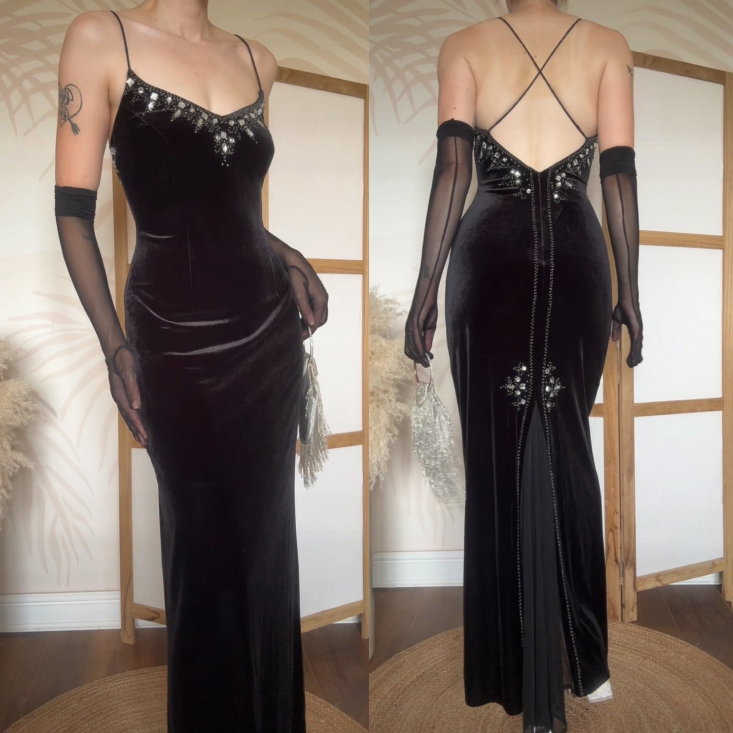 Black velvet stretch 90s evening dress uk 12