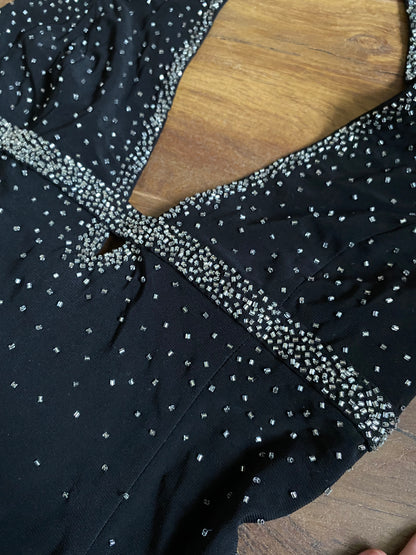 Black 90s Dave & Johnny beaded stretch halter neck evening dress UK 10