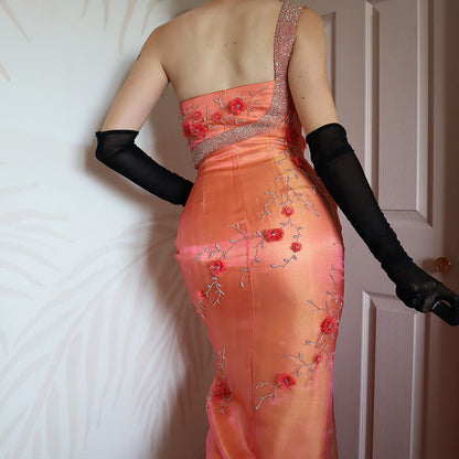 Orange one shoulder beaded floral evening gown UK 8