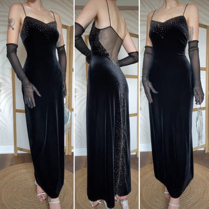 Dave & Johnny black velvet stretch beaded evening dress uk 10