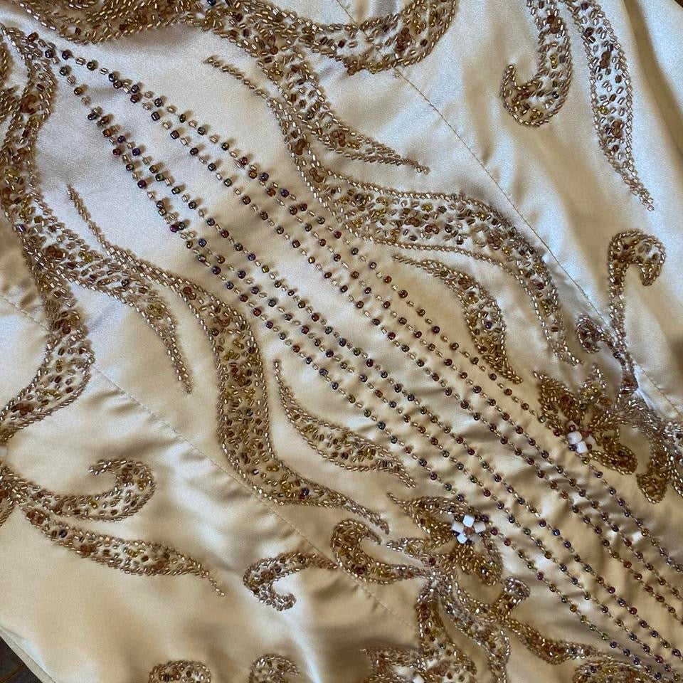 YVE London gold beaded strapless gown & shawl UK 12