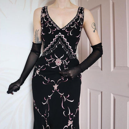 Black 100% silk embroidered midi dress UK 14