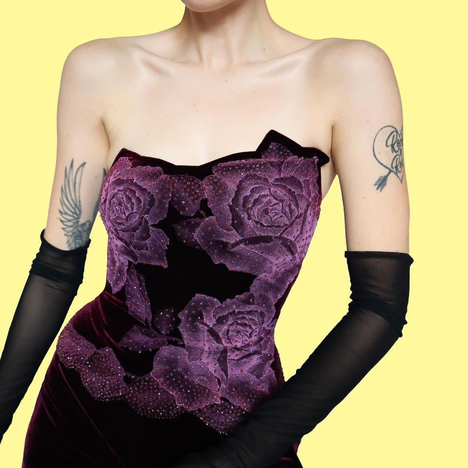 Tadashi burgundy velvet strapless gown UK 12-14