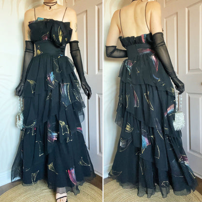 John Charles vintage black layered evening gown UK 12