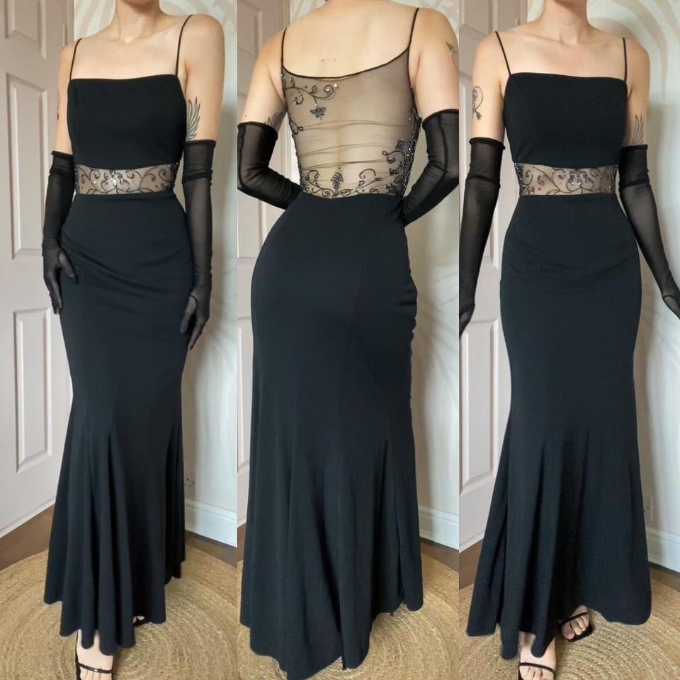 Black beaded 90s vintage sheer back evening dress UK 14
