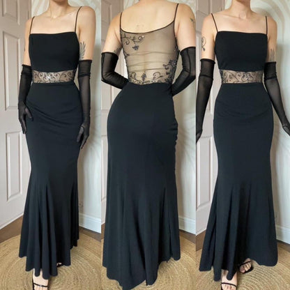 Black beaded 90s vintage sheer back evening dress UK 14