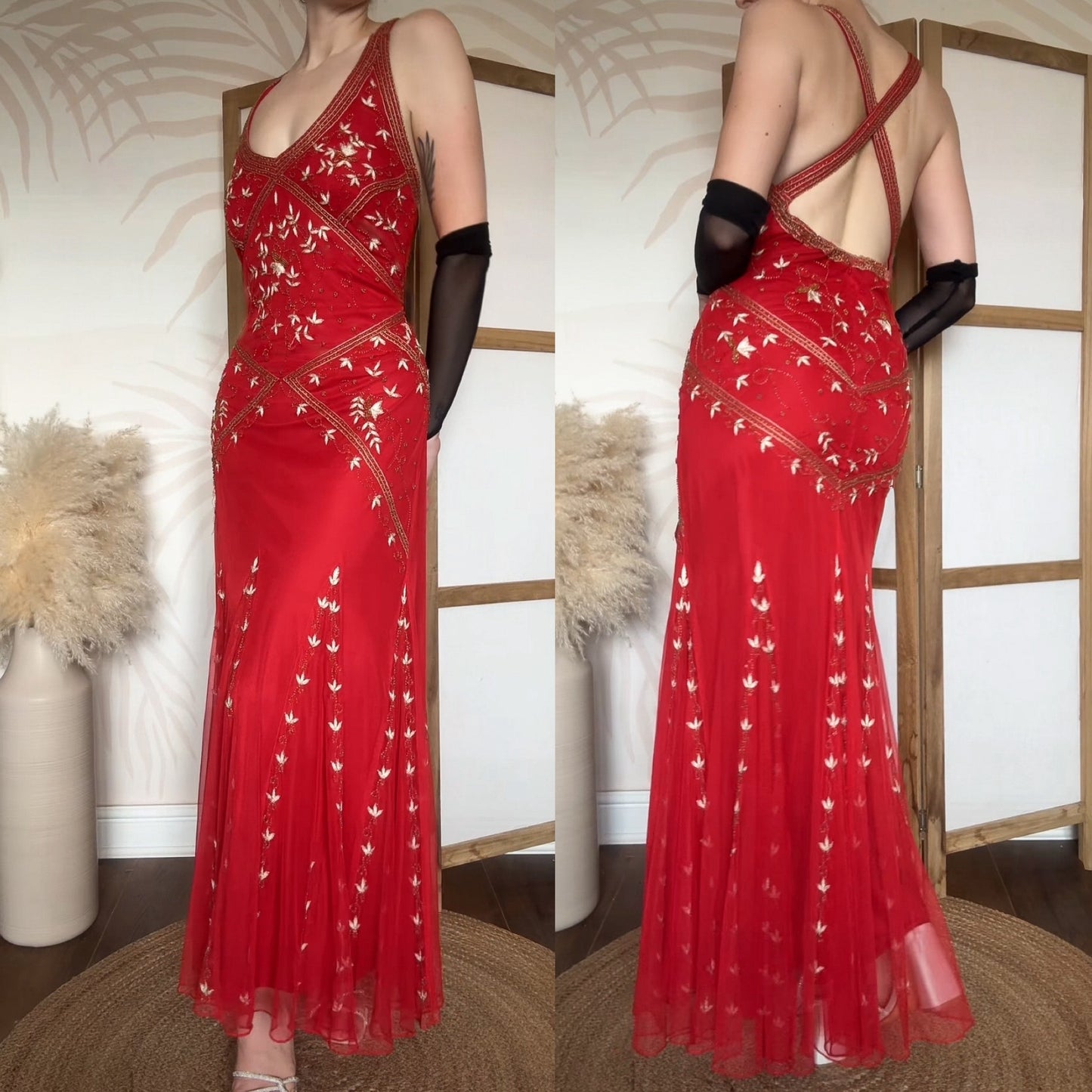 Red y2k beaded stretch evening dress uk 16