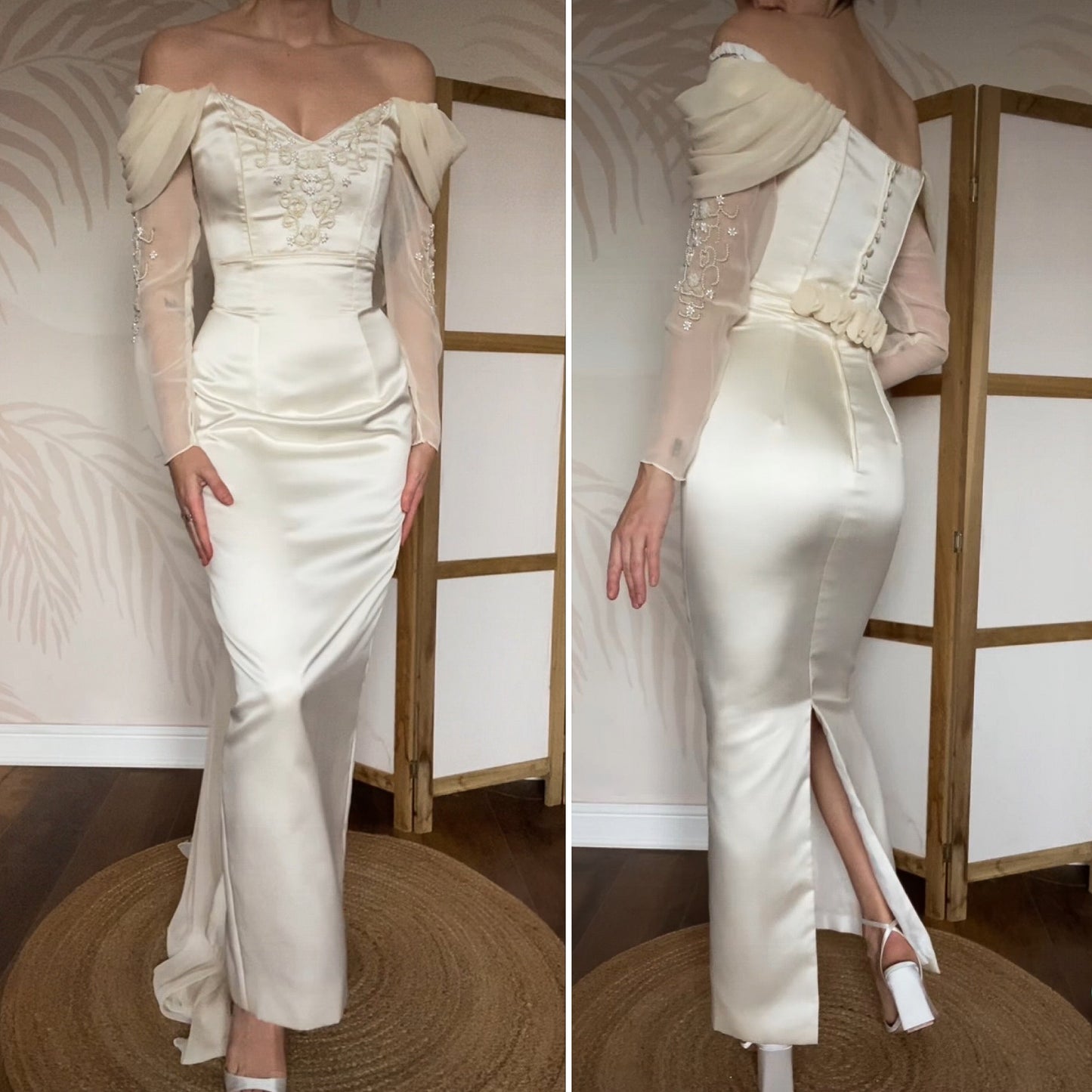 Cream off shoulder fitted wedding dress UK 12