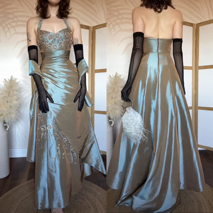 Iridescent grey/green halter prom dress uk 6