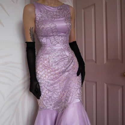 Lilac beaded Goya fishtail prom dress UK 10