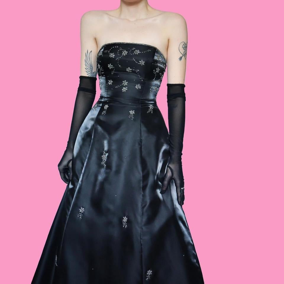 Silky black strapless beaded gown UK 6