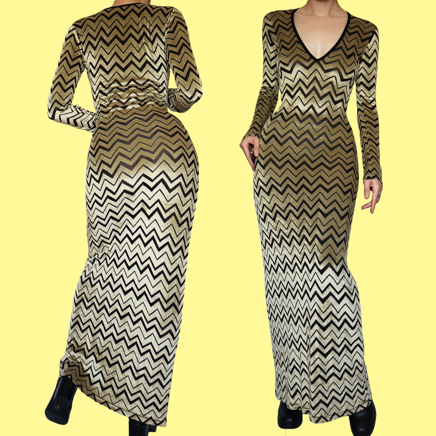 Gold stretch long sleeve velvet evening dress UK 10