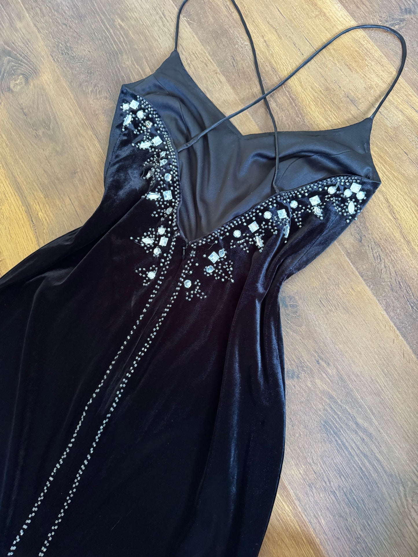 Black velvet stretch 90s evening dress uk 12