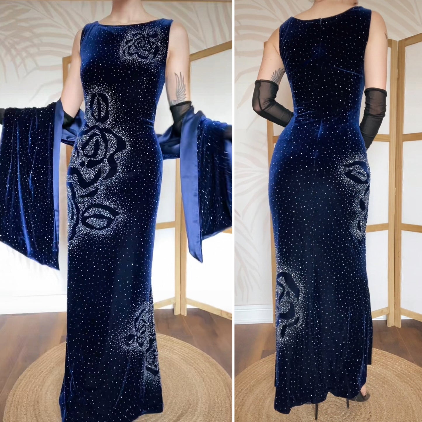 Frank Usher navy velvet beaded dress & shawl uk 14