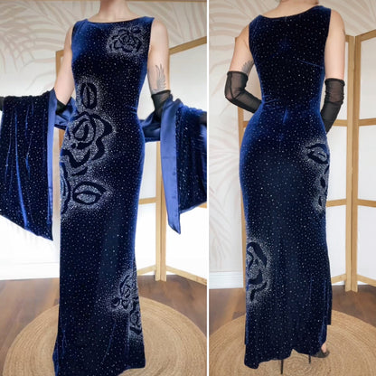 Frank Usher navy velvet beaded dress & shawl uk 14