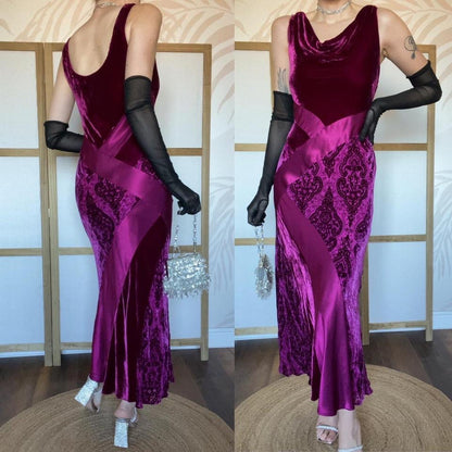 Silk blend dark pink velvet & satin slip dress UK 12-14