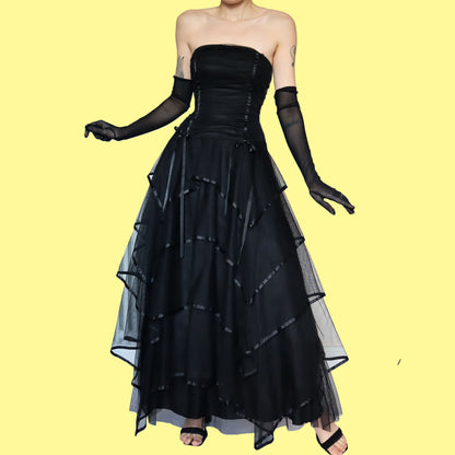 Black layered strapless evening gown UK 10