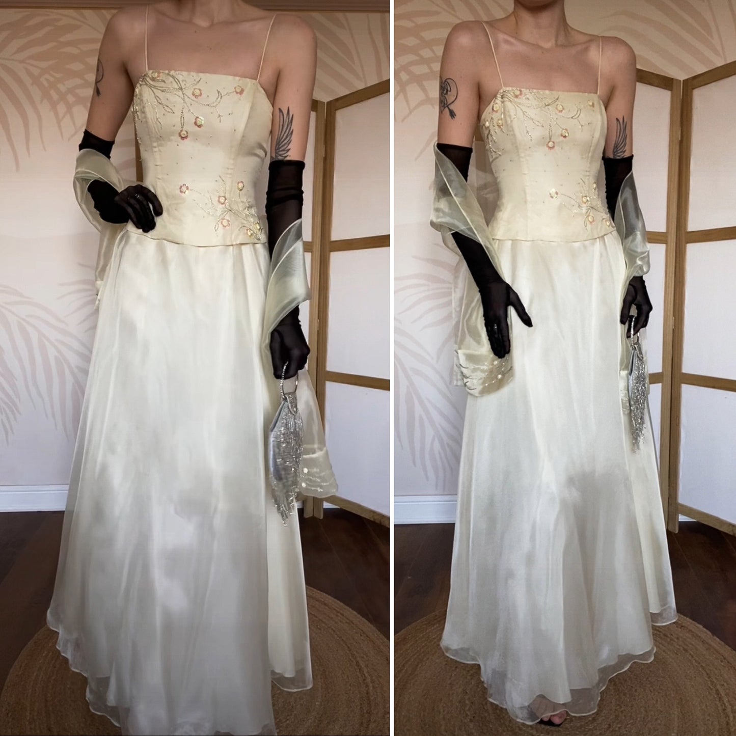 Niki Livas pale yellow organza prom dress & shawl UK 12