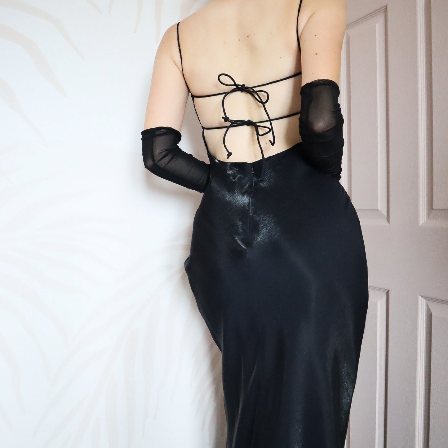 Silky black beaded evening dress UK 12