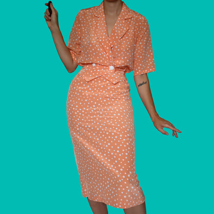 Peach polka dot 2 piece top & skirt suit UK 8