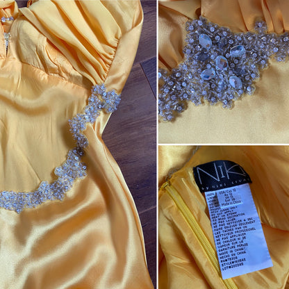 Niki Livas silky yellow evening prom dress UK 12
