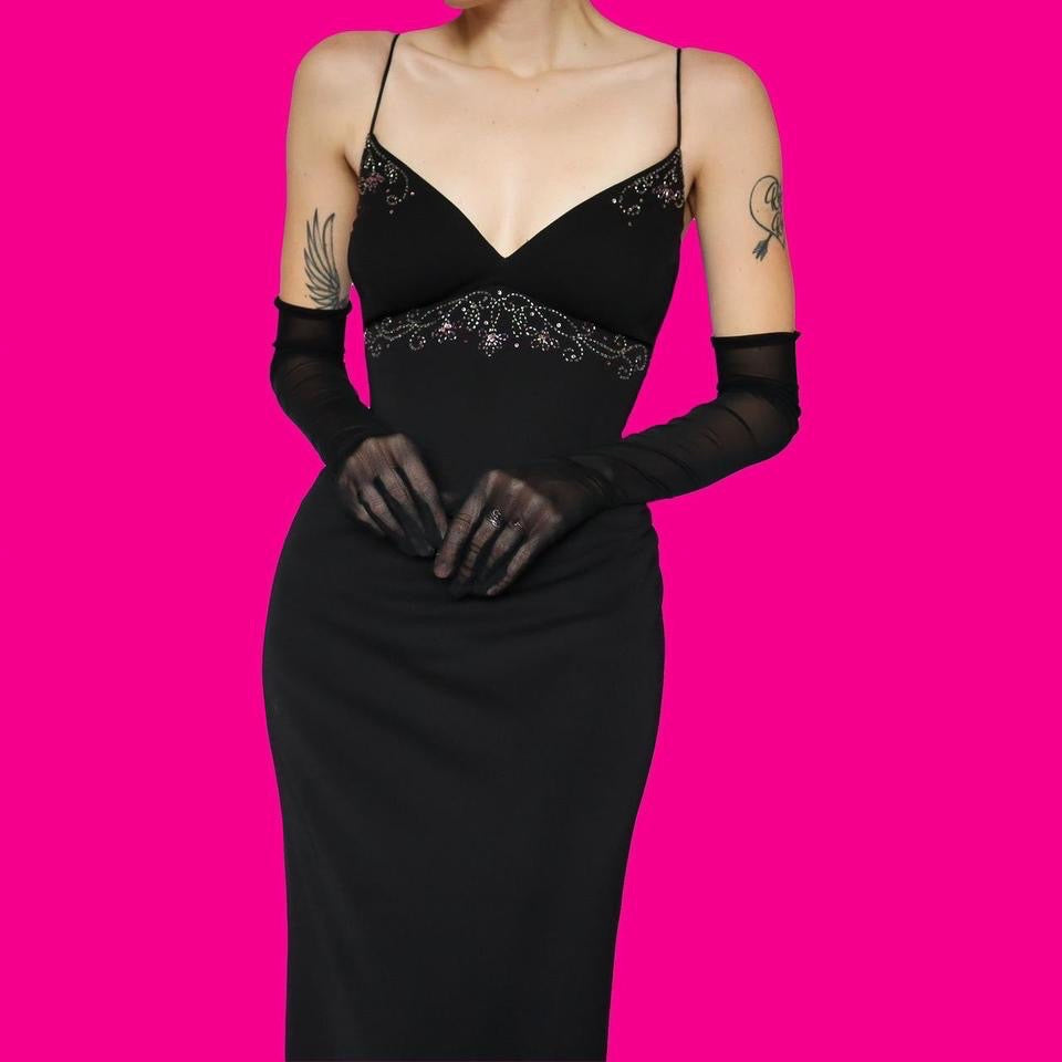 Black beaded stretch evening dress UK 14