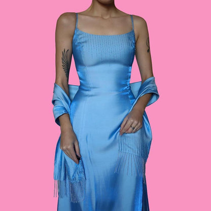 Debut ice blue a-line beaded dress & shawl UK 10