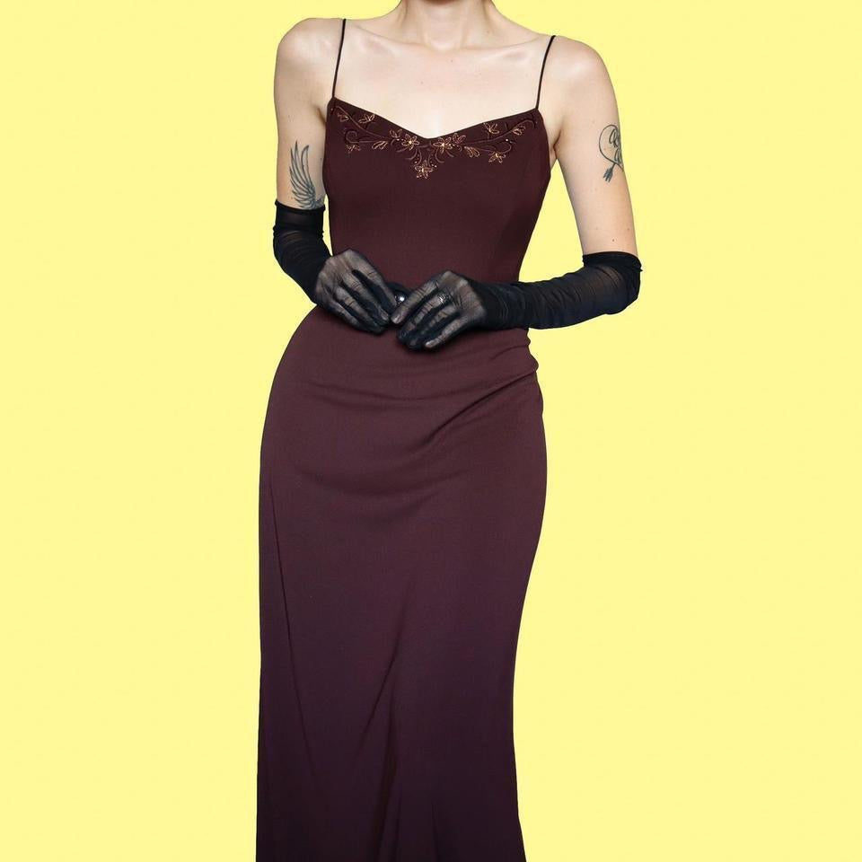 Brown stretch floral evening gown UK 12